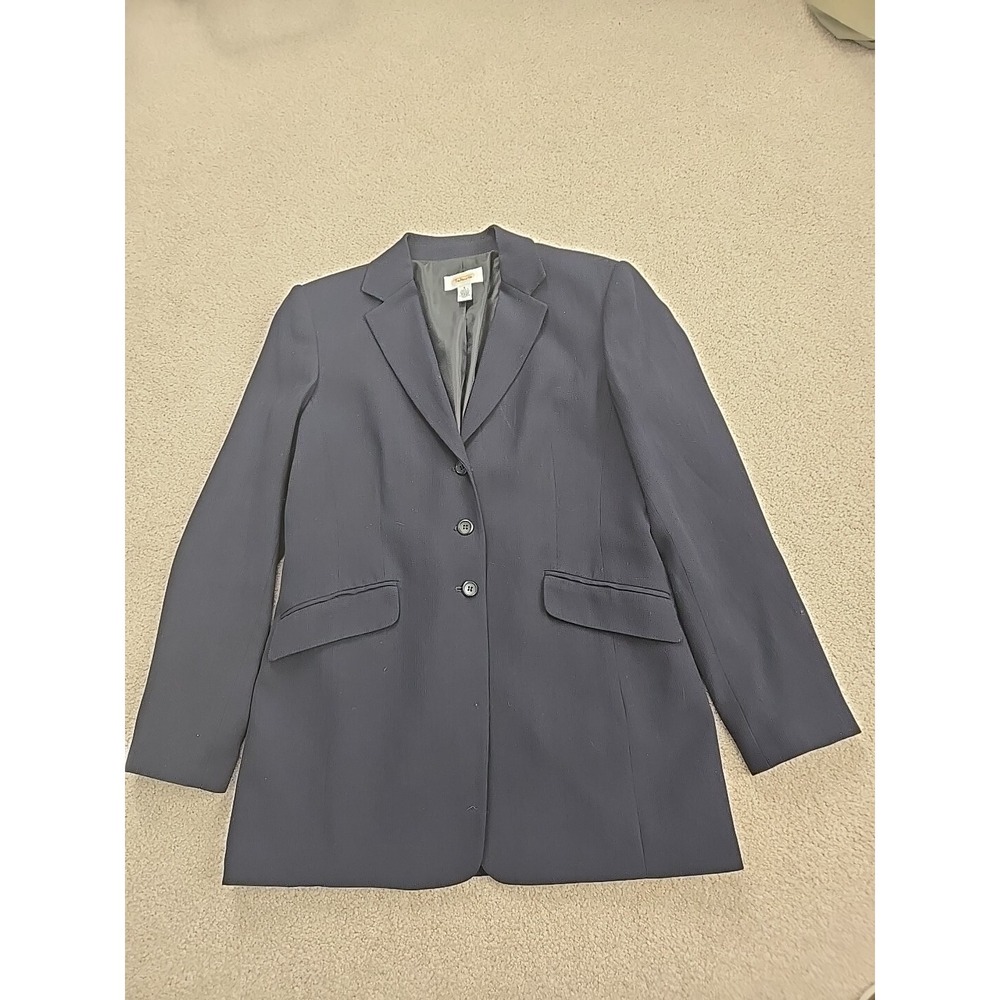 Talbots Womens Sz 6 Navy Wool Blend Button Front Long Sleeve Blazer Ribbed